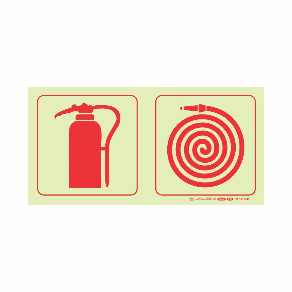 PHOTOLUMINESCENT 190MM SAFETY SIGN - F22-FIRE EXTINGUISHER+FIRE HOSE REEL