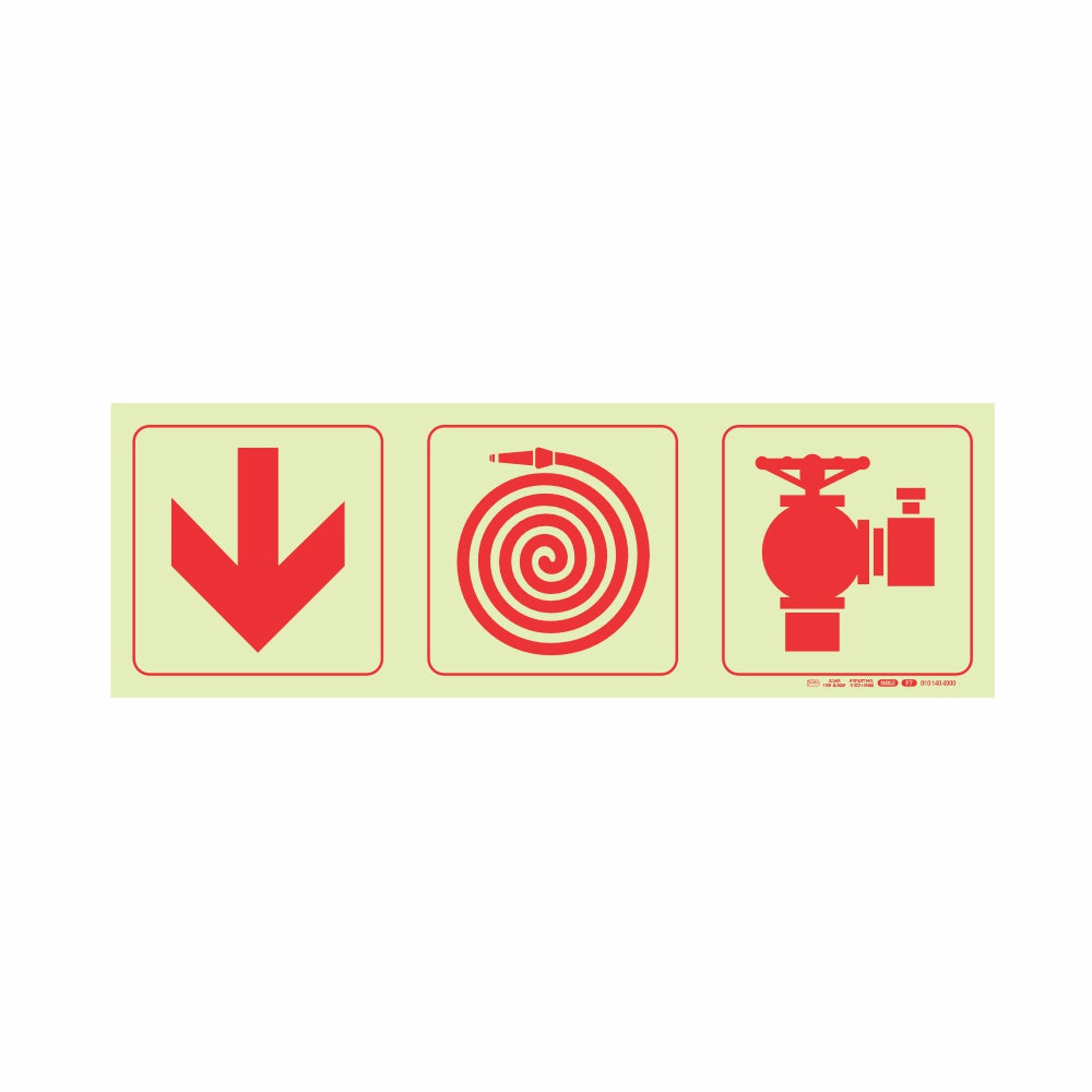 PHOTOLUMINESCENT 190MM SAFETY SIGN - F7-ARROW DOWN+FIRE HOSE REEL+FIRE HYDRANT