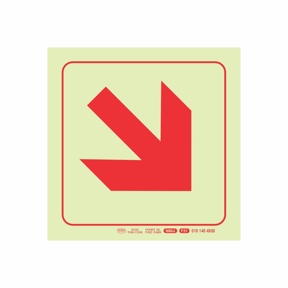 PHOTOLUMINESCENT 190MM SAFETY SIGN - F51-DIAGONAL ARROW DOWN AND RIGHT