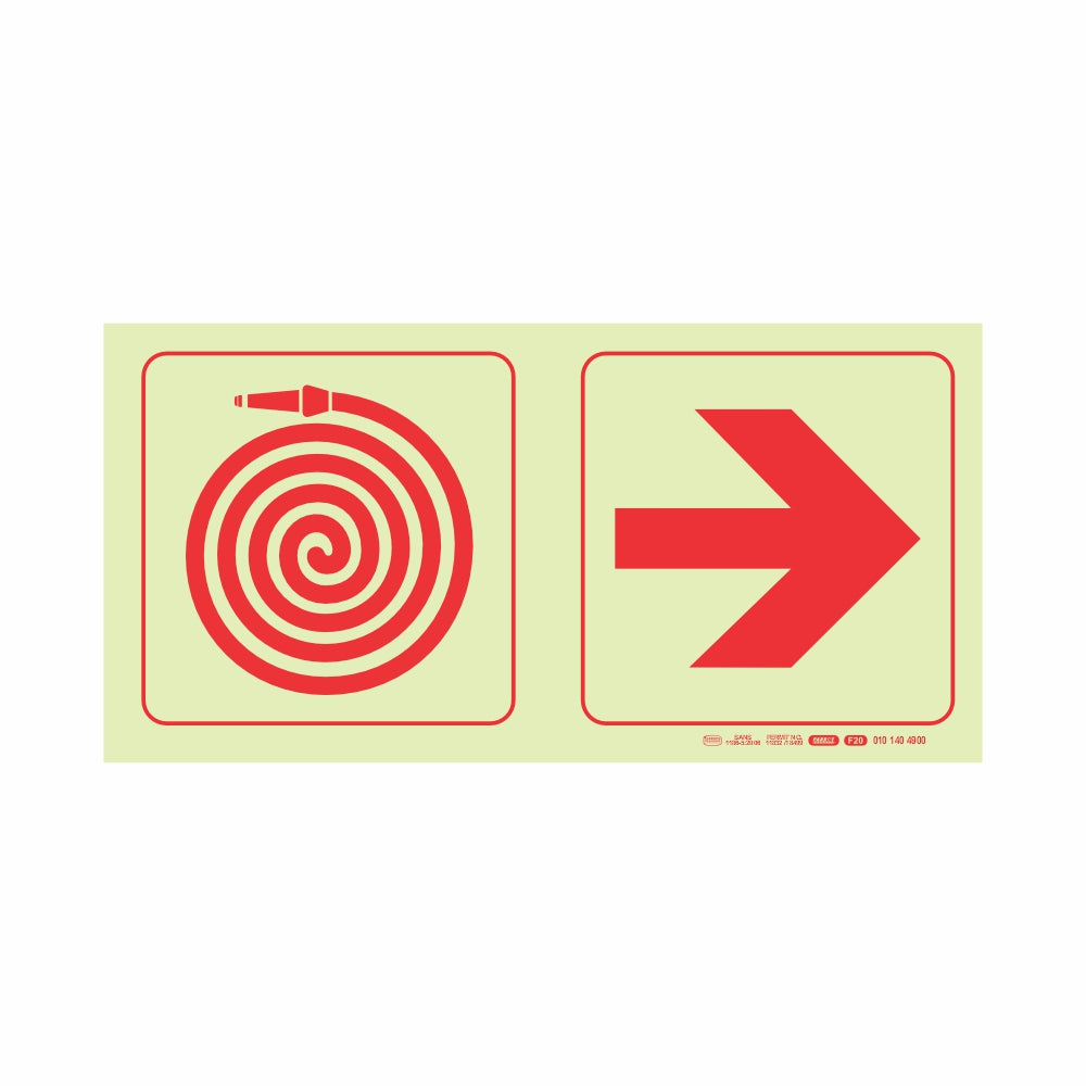 PHOTOLUMINESCENT 190MM SAFETY SIGN - F20-FIRE HOSE REEL+ARROW RIGHT