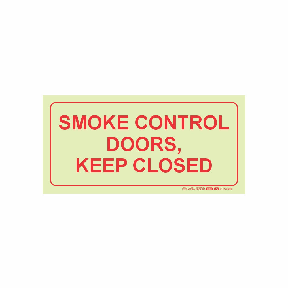 PHOTOLUMINESCENT 190MM SAFETY SIGN - F42-SMOKE CONTROL DOORS. KEEP CLOSED