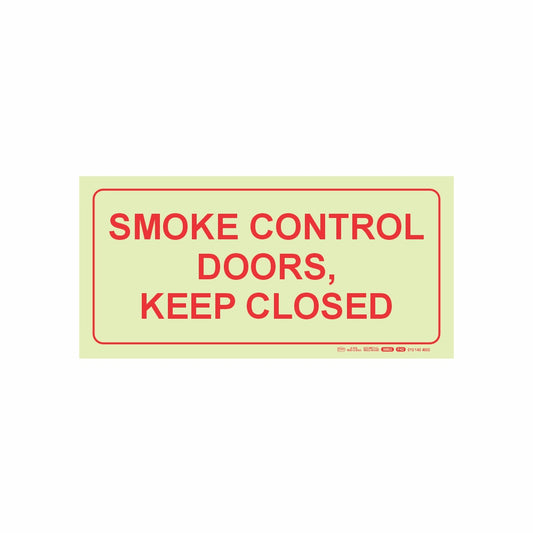 PHOTOLUMINESCENT 190MM SAFETY SIGN - F42-SMOKE CONTROL DOORS. KEEP CLOSED
