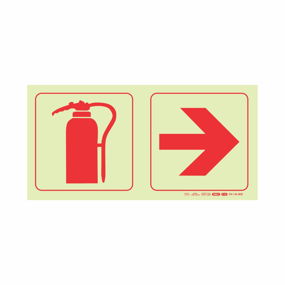 PHOTOLUMINESCENT 190MM SAFETY SIGN - F19-FIRE EXTINGUISHER+ARROW RIGHT
