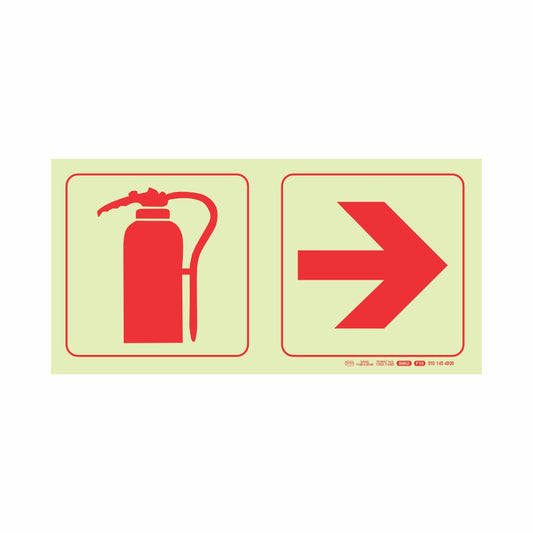 PHOTOLUMINESCENT 190MM SAFETY SIGN - F19-FIRE EXTINGUISHER+ARROW RIGHT