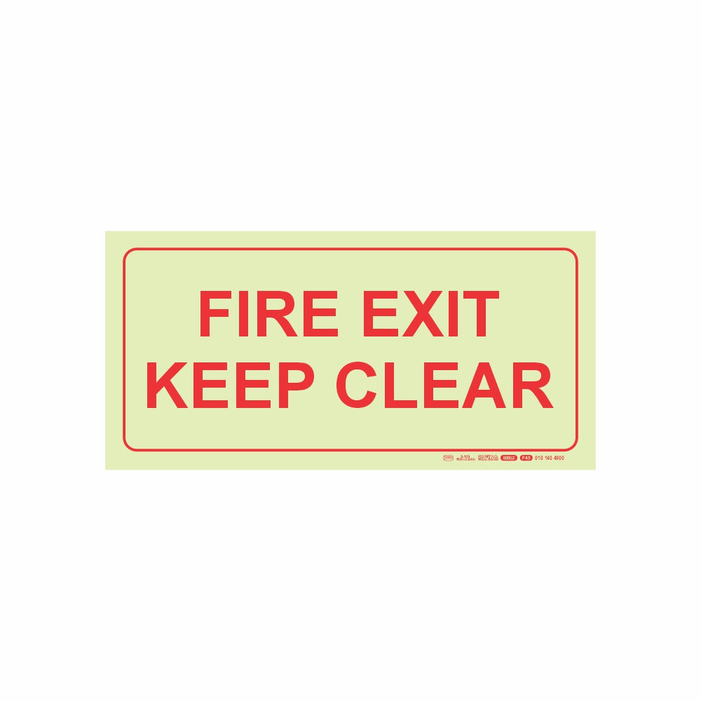 PHOTOLUMINESCENT 190MM SAFETY SIGN - F45-FIRE EXIT KEEP CLEAR
