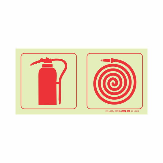 PHOTOLUMINESCENT 190MM SAFETY SIGN - F22-FIRE EXTINGUISHER+FIRE HOSE REEL