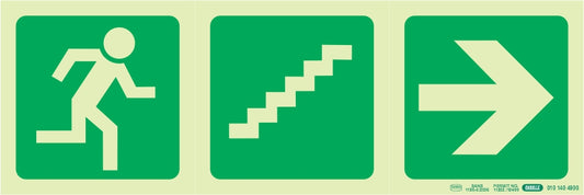 Photoluminescent 190MM Safety Sign - E18-Running Man+Stairs Going Up+Arrow Right