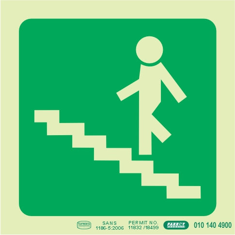 Photoluminscent 190MM Safety Sign - E9-Running Man On Stairs Going Up AND Left