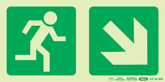 Photoluminescent 190MM Safety Sign - E13-Running Man+Diagonal Arrow Down AND Right