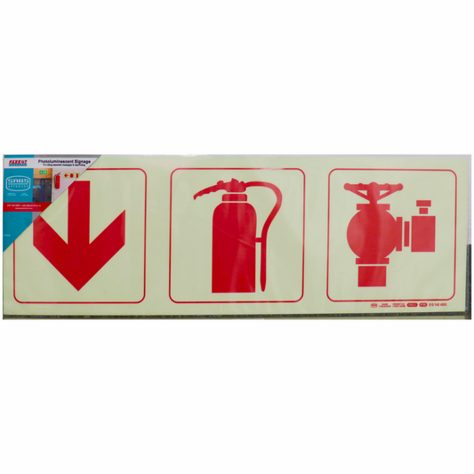 PHOTOLUMINESCENT 190MM SAFETY SIGN - F10-ARROW DOWN+FIRE EXTINGUISHER+FIRE HYDRANT