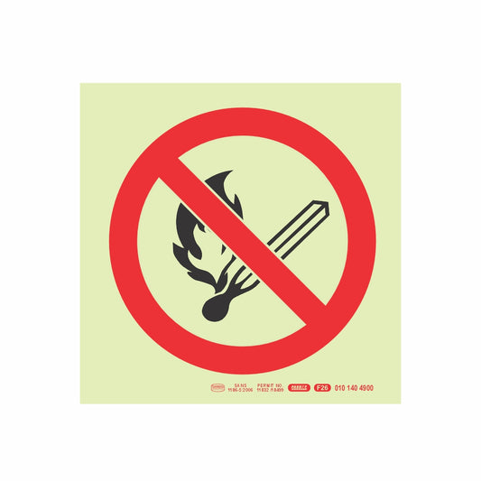 PHOTOLUMINESCENT 190MM SAFETY SIGN - F26-NO OPEN OR NAKED FLAMES