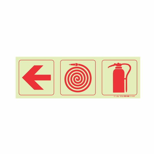 PHOTOLUMINESCENT 190MM SAFETY SIGN - F5-ARROW LEFT+FIRE HOSE REEL+FIRE EXTINGUISHER