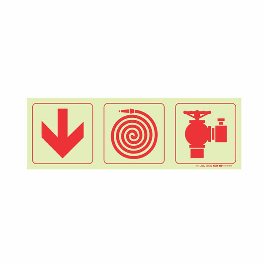 PHOTOLUMINESCENT 190MM SAFETY SIGN - F7-ARROW DOWN+FIRE HOSE REEL+FIRE HYDRANT