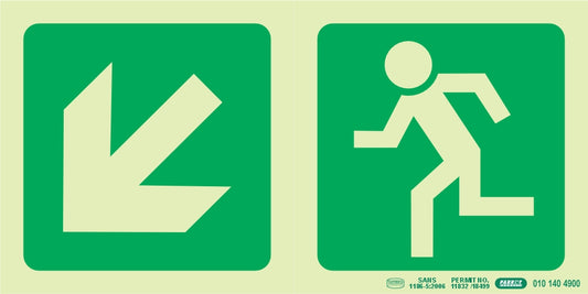 Photoluminescent 190MM Safety Sign - E14-Diagonal Arrow Down AND Left +Running Man