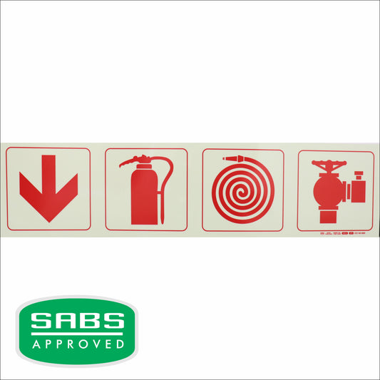 PHOTOLUMINESCENT 190MM SAFETY SIGN- F1 - Arrow Down + Fire Extinguisher + Fire Hose Reel + Fire Hyd