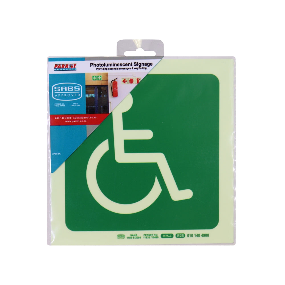 PHOTOLUMINESCENT 190MM SAFETY SIGN -E25-PARAPLEGIC SYMBOL