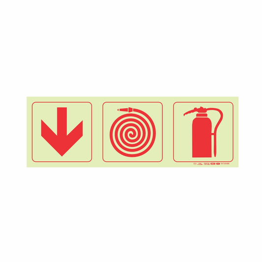 PHOTOLUMINESCENT 190MM SAFETY SIGN - F4-ARROW DOWN+FIRE HOSE REEL+FIRE EXTINGUISHER