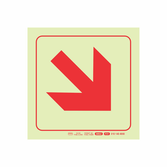PHOTOLUMINESCENT 190MM SAFETY SIGN - F51-DIAGONAL ARROW DOWN AND RIGHT