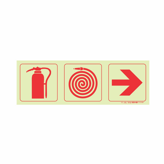 PHOTOLUMINESCENT 190MM SAFETY SIGN - F6-FIRE EXTINGUISHER+FIRE HOSE REEL+ARROW RIGHT