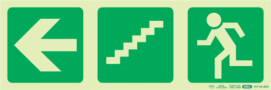 Photoluminescent 190MM Safety Sign - E17-Arrow Left+Stairs Going Down+Running Man