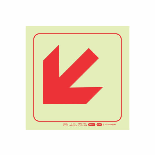 PHOTOLUMINESCENT 190MM SAFETY SIGN - F52-DIAGONAL ARROW DOWN AND LEFT