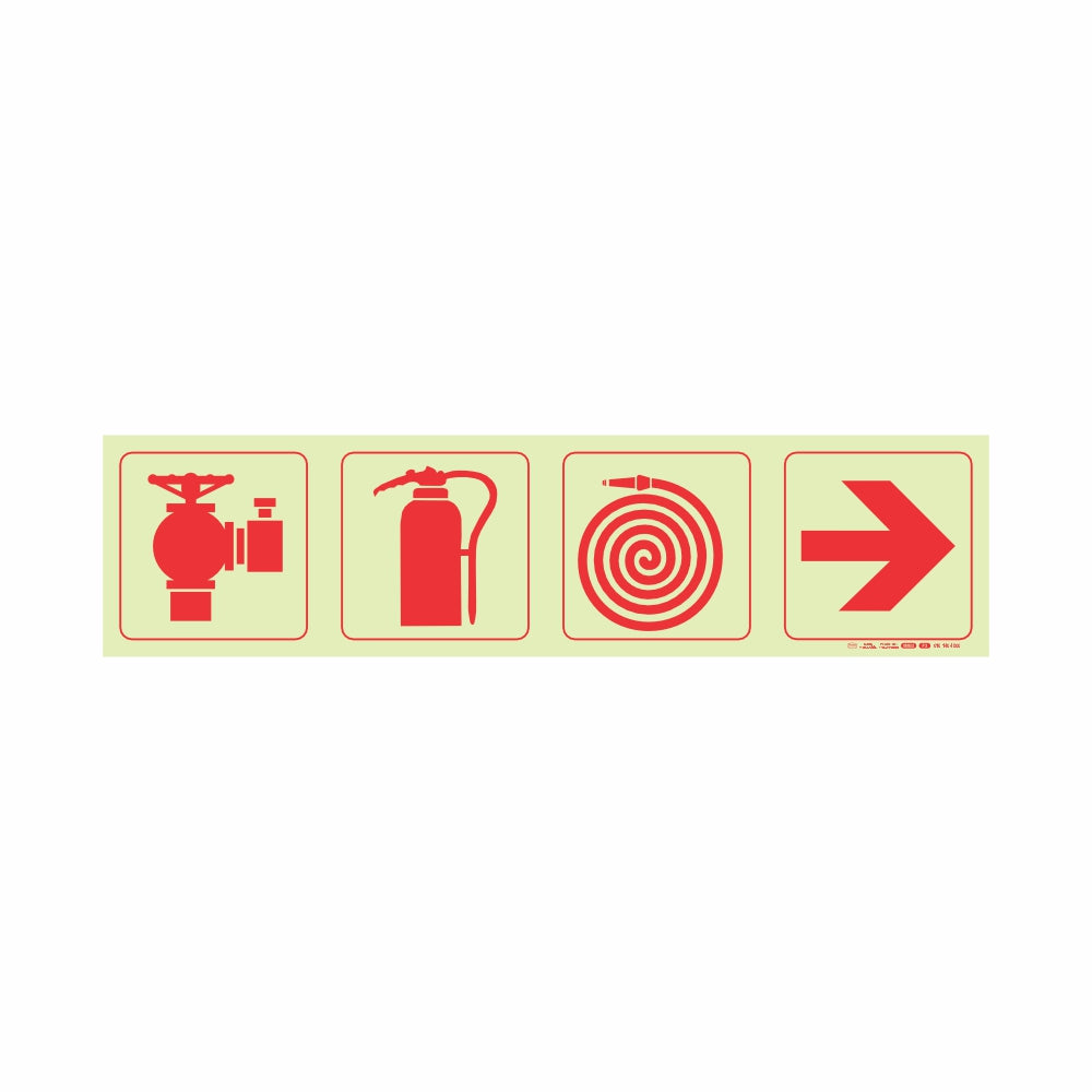 PHOTOLUMINESCENT 190MM SAFETY SIGN - F3-FIRE HYDRANT+FIRE EXTINGUISHER+FORE HOSE REEL+ARROW RIGHT