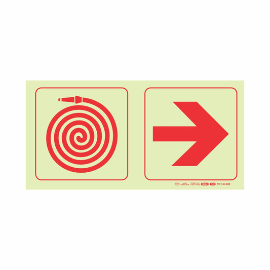 PHOTOLUMINESCENT 190MM SAFETY SIGN - F20-FIRE HOSE REEL+ARROW RIGHT