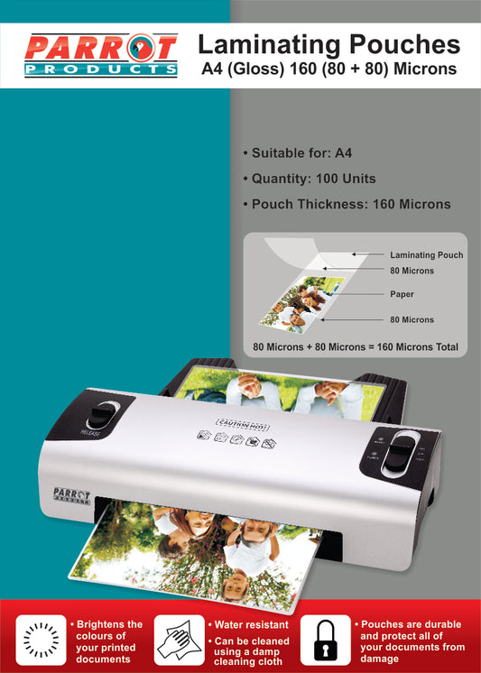 Laminating Pouches (A4 - Gloss - 220x310mm - 160 (80+80) Microns - Box 100)