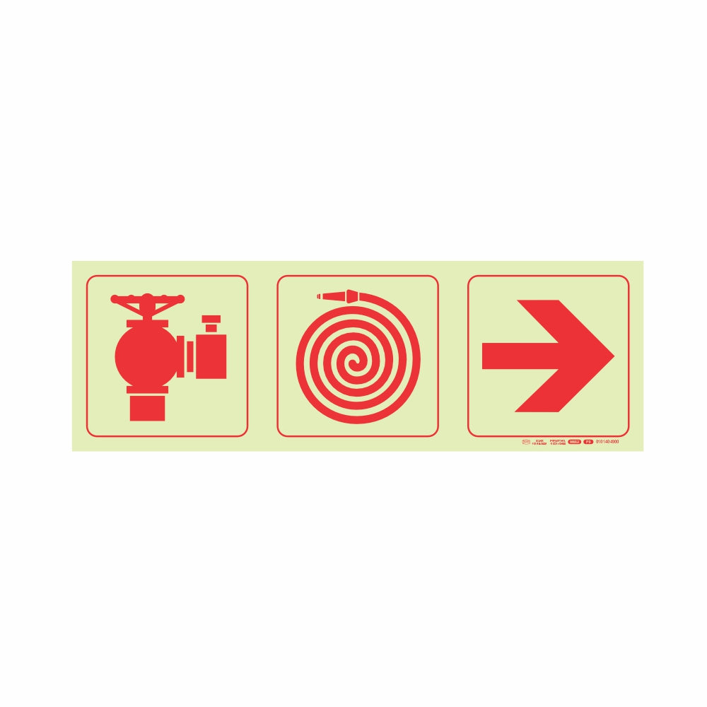 PHOTOLUMINESCENT 190MM SAFETY SIGN - F9-FIRE HYDRANT+FIRE HOSE REEL+ARROW RIGHT