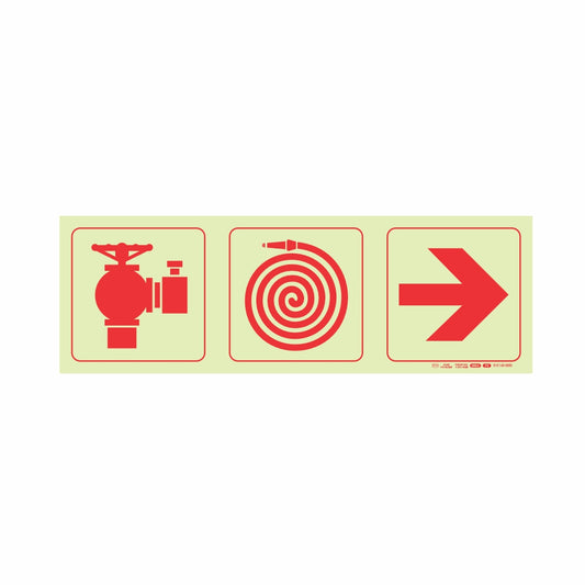 PHOTOLUMINESCENT 190MM SAFETY SIGN - F9-FIRE HYDRANT+FIRE HOSE REEL+ARROW RIGHT