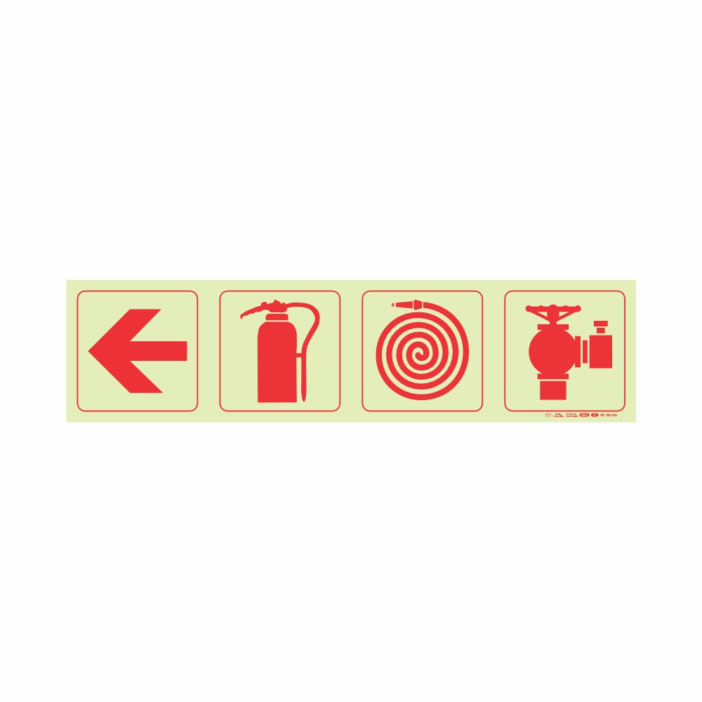 PHOTOLUMINESCENT 190MM SAFETY SIGN - F1-ARROW DOWN + FIRE EXTINGUISHER + FIRE HOSE REEL+FIRE HYDRANT