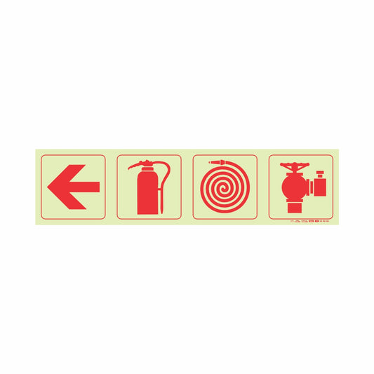 PHOTOLUMINESCENT 190MM SAFETY SIGN - F1-ARROW DOWN + FIRE EXTINGUISHER + FIRE HOSE REEL+FIRE HYDRANT